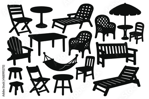 Outdoor furniture silhouette set. Garden and patio equipment vector collection. Chair, table, hammock, bench, sun lounger, umbrella icons for minimal design and relaxation.