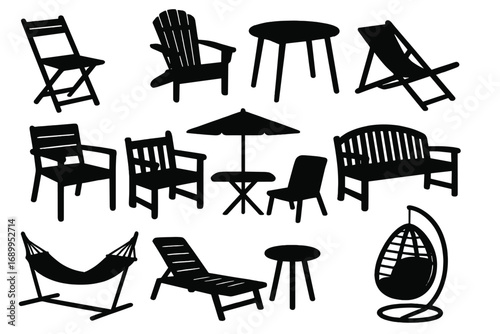 Outdoor furniture silhouette collection. Vector set of garden and patio icons including chair, table, hammock, bench, sunlounger, umbrella, and hanging chair. Minimal design elements.