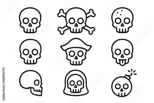 Skull thin line icon set. Outline signs for graphic and web design. Vector cartoon symbols. Pirate, crossbones, Jolly Roger, bomb, death, danger and grim reaper concepts.