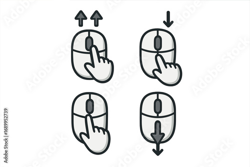 Scroll mouse icon set. Scrolling up and down with cursor and hand pointer. Computer navigation symbol collection. Vector cartoon illustration for UI/UX design on web page.