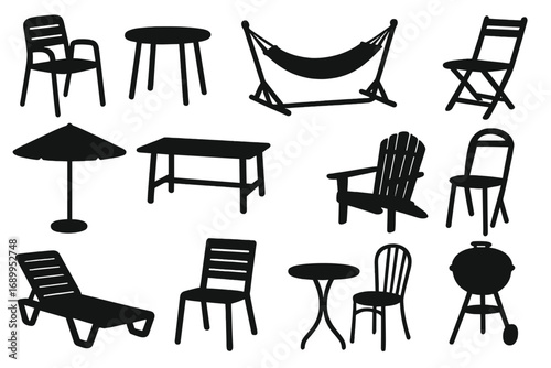 Outdoor furniture silhouette set. Garden and patio collection with chair, table, hammock, sun lounger, umbrella and barbecue grill. Vector icons for summer relaxation and bbq.