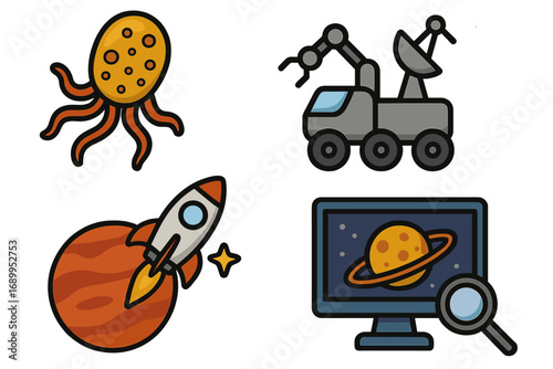 Space exploration icon set vector cartoon illustration. Discovering new worlds, alien microorganism life form. Mars rover technology, rocket launch, scientific planet research.