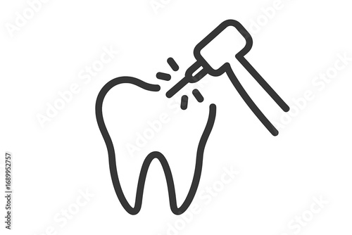 Dental treatment icon with tooth and drill. Concept of dentistry, caries removal, filling, and oral hygiene. Minimalistic outline vector for web, apps, and graphic design.