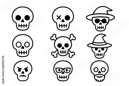 Skull thin line icon set. Vector collection of outline skeleton heads. Cartoon characters for Halloween. Pirate jolly roger, witch hat, angry and geek emotion symbols.