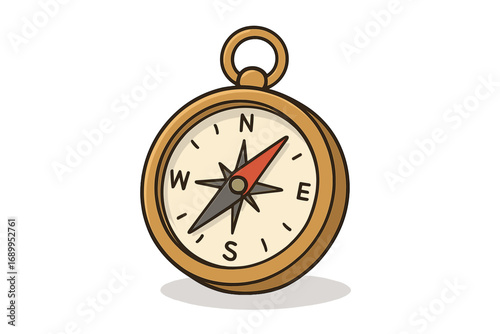 Vector compass illustration. Cartoon travel symbol for navigation, direction, and guidance. Vintage gold exploration equipment icon for adventure, journey, and discovery. North.