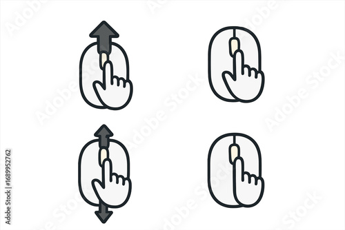 Vector scroll mouse icon set. Hand cursor with finger on computer mouse clicking and scrolling up and down with arrows. UI/UX web navigation symbol for website or app design.