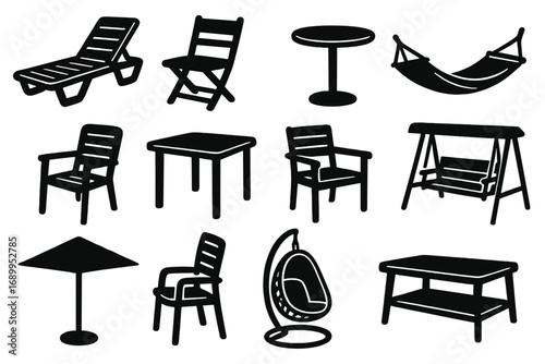 Outdoor furniture silhouette icon set. Garden and patio equipment collection. Vector of chairs, tables, hammock, sun lounger, swing, egg chair, umbrella. Minimal design elements.
