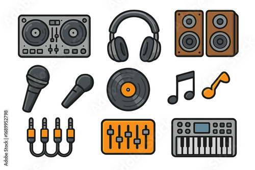 Music equipment icon set for DJ and sound production. Vector collection with turntable, headphones, speakers, microphone, vinyl, mixer, and synthesizer for audio projects.