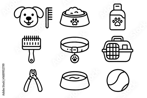 Pet care outline icon set for dogs and cats. Grooming accessories and supplies in modern line art style. Vector collection with food bowl, collar, carrier, shampoo, and toy.