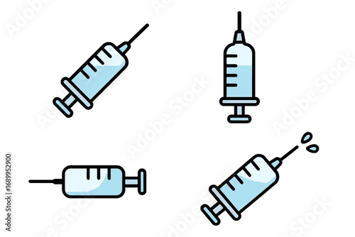 Medical syringe vector icon set. Vaccination, injection, treatment concepts. Health care symbol. Dose of liquid drug, vaccine shot. Simple flat cartoon clinical illustration.