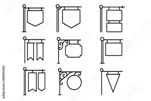 Street banner and signboard line icon collection. Set of hanging vintage and modern outline signs. Blank vector templates for advertising, medieval pub, or shop promotion.