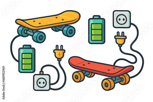 Electric skateboard charging vector set. E-skate longboard with battery power. Electricity, energy. Urban mobility concept. Eco friendly transport illustration. Isolated icon.