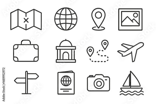 Travel adventure icon set, vector line art for tourism concept, navigation, journey, vacation, map, globe, pin, suitcase, airplane, passport, sightseeing, planning, transportation, leisure activities