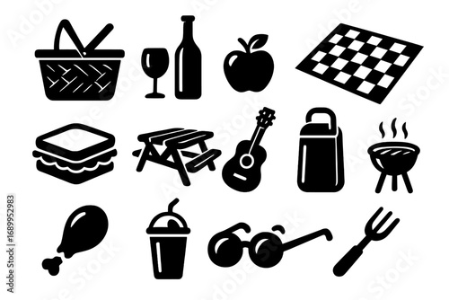 Picnic essentials vector icon set in black silhouette style for summer outdoor activities and barbecue. Collection of food, drink, basket, grill, and leisure items.