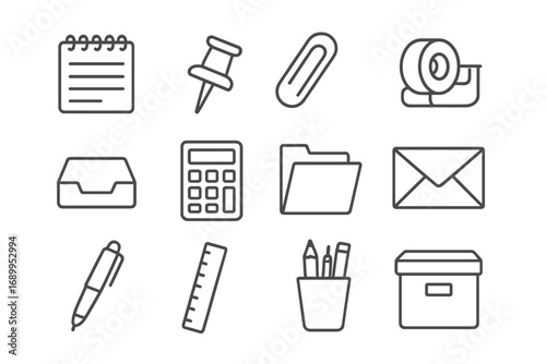 Office essentials icon set. Simple line art symbols for stationery and organization. Vector collection of business supplies. Minimalist outline icons for web and graphic design.