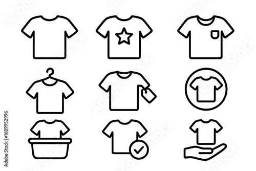 T-shirt line icon set for clothing store and laundry service. Vector symbols for apparel shop, washing, donation, and custom design. Editable stroke pictograms for web and app.