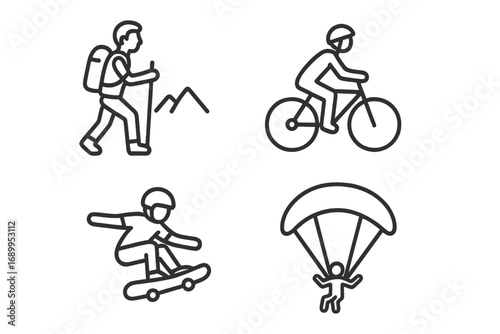Outdoor activities and extreme sports line icon set. Adventure concept with hiking, biking, skateboarding, parachuting. Active lifestyle and leisure hobby vector pictograms.