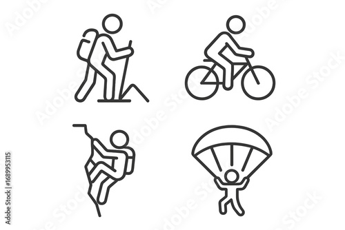 Outdoor activities line icon set. Hiking, biking, rock climbing, parachuting. Extreme sports linear icons collection. Vector graphic symbols for adventure and active lifestyle.