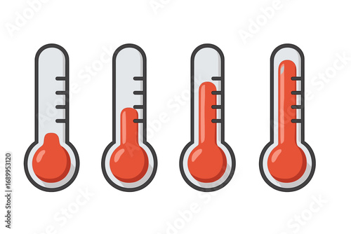 Thermometer isolated vector icon set. Weather symbol with different levels. Measuring tool for temperature, hot, cold. Cartoon illustration. Fundraising goal meter progress.
