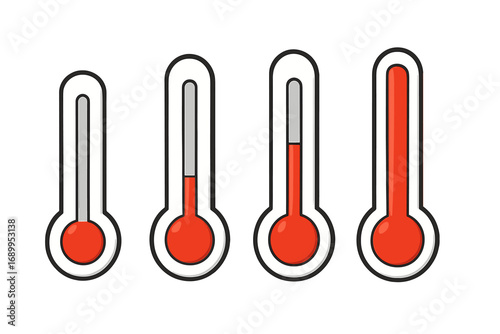Thermometer vector icon set on transparent background. Weather symbol showing temperature levels from cold to hot. Goal progress meter concept. Cartoon measuring tool illustration.