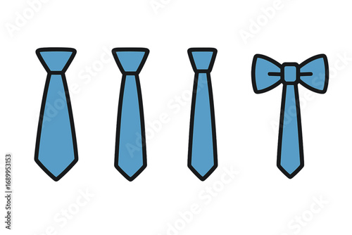 Tie icon set. Necktie and bow tie symbol collection. Formal wear and business dress code icons. Vector cartoon illustration for fashion. Isolated flat design element.