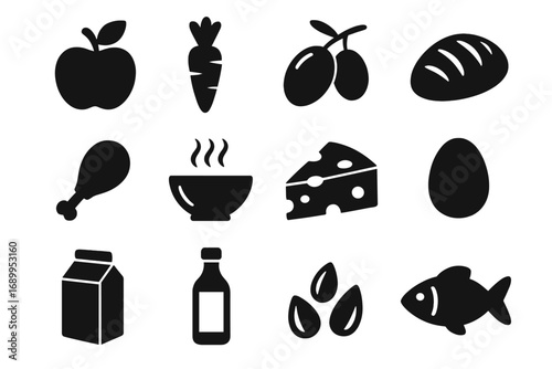Food icon set simple black silhouette vector. Collection of grocery pictograms like fish, cheese, milk, fruit, and bread. Healthy eating and nutrition concept symbols.