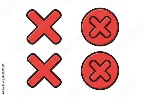 Red cross X mark icon set. Wrong, no, and close button symbol. Vector collection for deny, cancel or removal signs. Negative choice illustration for web or app interface.