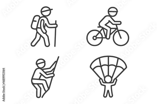 Outdoor activities line icon set. Hiking, biking, extreme sports linear collection. Rock climbing, parachuting vector illustration. Adventure and recreation pictogram symbols.