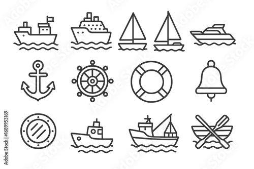 Maritime and sea travel line icon set. Vector boat, ship, cruise, yacht, sailboat, anchor, rudder symbols. Outline marine and nautical transport signs for web, app design.