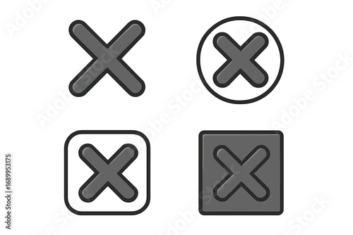 Cross mark icon set. Vector X symbol collection. Delete, remove, cancel and close buttons for web design. Wrong, no, error and rejection signs. 3D cartoon illustration.