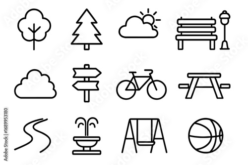 Park and recreation line icon set. Outdoor activity, nature, urban amenities icons. Vector tree, bench, bike, swing, picnic table, fountain, path, basketball. Pictogram collection.