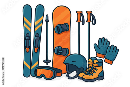 Vector cartoon set of skiing and snowboarding equipment. Winter sports gear collection for mountain resort vacation. Ski, snowboard, poles, helmet, goggles, boots and gloves.