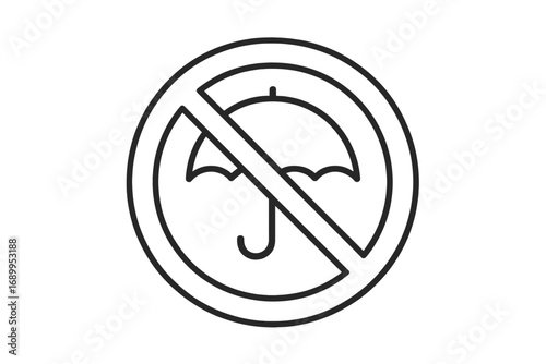 No umbrellas allowed sign. Prohibited icon for rain protection. Weather warning symbol. Forbidden, restricted area pictogram. Simple line vector graphic for web, apps, ui, ux.