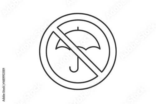 No umbrellas allowed sign. Forbidden and prohibited symbol with umbrella silhouette. Warning, restriction, and safety notice icon. Thin line vector illustration for graphic design.
