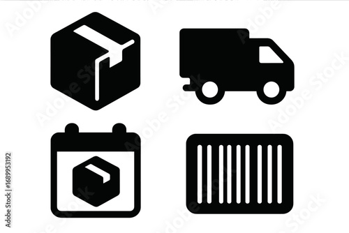 Delivery and shipping solid icon set. Vector glyph symbols for logistics and e-commerce. Includes package, box, delivery truck, calendar schedule, due date, and barcode for tracking.