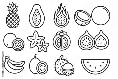 Exotic fruit outline icon set. Tropical fruits linear collection. Vector line art of pineapple, papaya, coconut, dragon fruit, banana for healthy food, summer menu design.