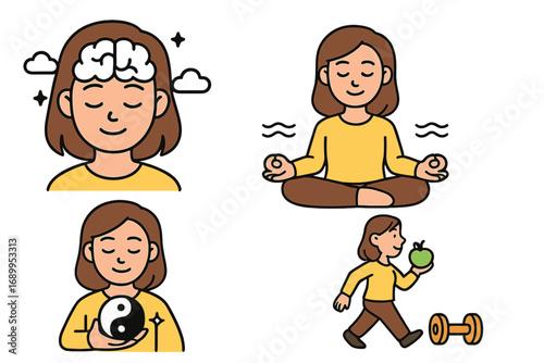 Mental wellness and self-care concept. Mindfulness, meditation, yoga for brain health. Healthy lifestyle with exercise and diet. Energy balance with yin yang. Vector icon set.