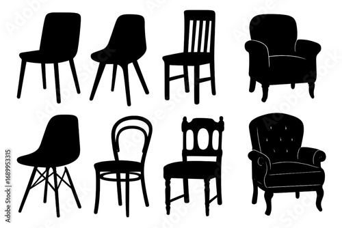 Chair silhouette collection. Vector set of modern and classic furniture. Interior design elements. Vintage, retro, and contemporary armchair and dining chair icons for home decor.
