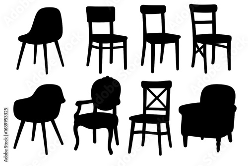 Collection of chair silhouettes. Modern and classic furniture for interior design. Set of isolated vector icons. Armchair, dining chair, vintage and retro style illustrations.