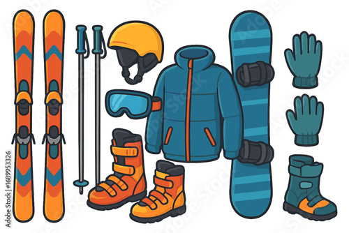Skiing and snowboarding equipment set. Winter sports gear collection. Vector illustration of skis, poles, boots, snowboard, jacket, helmet, goggles and gloves. Flat design icons.