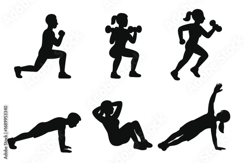 Set of exercise icons with people silhouettes in workout poses. Man and woman training. Vector for fitness, gym, cardio, strength. Lunge, squat, run, plank, sit-up.