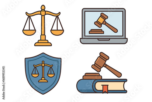 Law and justice icon set. Legal symbols including gavel, scales of justice, law book and shield. Concept for legal technology, cyberlaw, and online legal services. Vector.