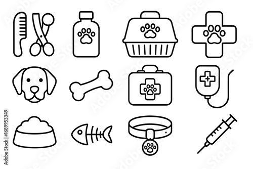 Pet care outline icon set. Veterinary, grooming, and hygiene essentials. Animal clinic and pet shop symbols. Vector collection for dog and cat health, food, and accessories.