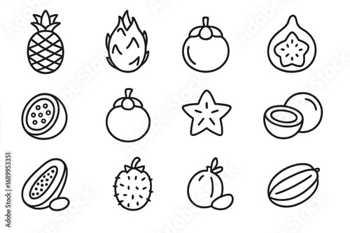 Exotic fruits outline icon set. Tropical fruit collection in linear style. Vector icons of pineapple, dragon fruit, mangosteen, carambola, papaya for healthy food concepts.