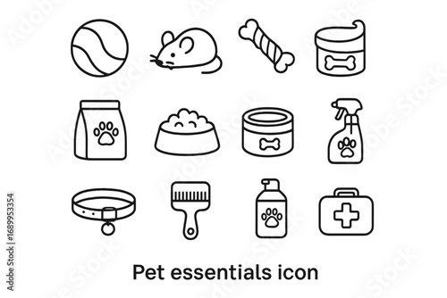 Pet essentials outline icon set. Dog and cat care symbols. Vector collection of line icons for feeding, grooming, toys, and health. Veterinary and pet shop elements.
