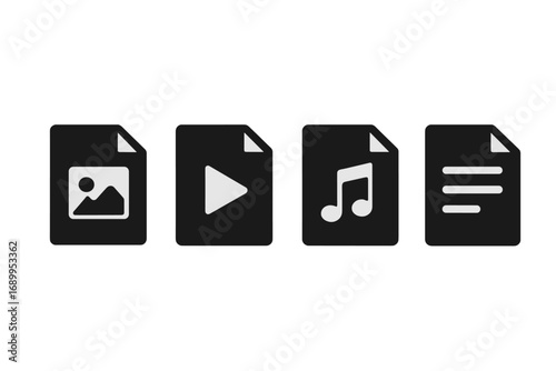 Digital asset management icon set. Solid glyph file types. Image, video, audio, document symbols. Media content pictograms for ui, ux, and web. Flat vector design illustration.