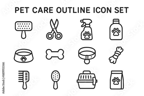 Pet care outline icon set. Vector line art collection of dog and cat grooming accessories. Symbols for pet shop, vet services. Brush, scissors, food, toy, collar, carrier icons.