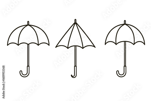 Umbrella line icon set. Parasol linear symbol collection. Bumbershoot outline pictogram. Simple vector illustration for rain, weather, and protection concepts. Isolated.