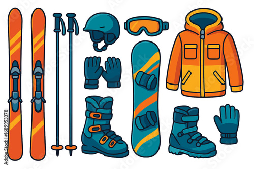 Skiing and snowboarding equipment set. Winter sports gear collection for enthusiasts with ski, snowboard, boots, jacket, helmet, poles, and goggles. Vector cartoon illustration.