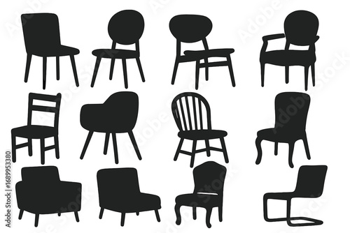 Big set of chair silhouettes. Vector collection of modern, classic, and retro furniture. Armchair, dining chair, and office seat icons for interior design. Isolated black illustrations.